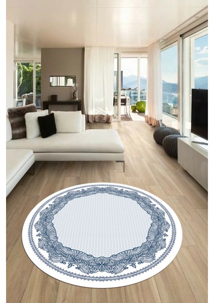 Çerçeveli Motifli Yıkanabilir Kaymaz Yolluk Mutfak Yuvarlak Salon Halısı, Y-Çerçeveli-34-Mavi,