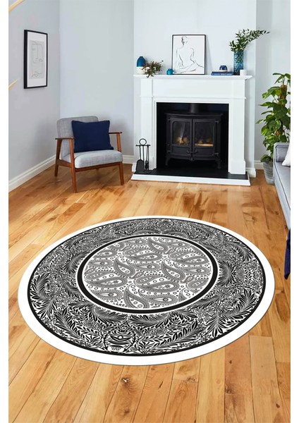 Çiçekli Şık Yıkanabilir Kaymaz Taban Çerçeveli Yuvarlak Mutfak Salon Halısı, Y-Çerçeveli-37-Beyaz,