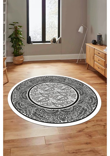 Çiçekli Şık Yıkanabilir Kaymaz Taban Çerçeveli Yuvarlak Mutfak Salon Halısı, Y-Çerçeveli-37-Beyaz, fiyatları