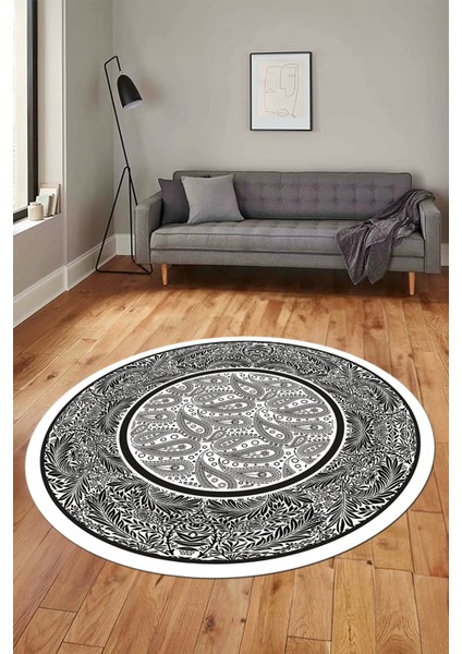 Çiçekli Şık Yıkanabilir Kaymaz Taban Çerçeveli Yuvarlak Mutfak Salon Halısı, Y-Çerçeveli-37-Beyaz, modelleri