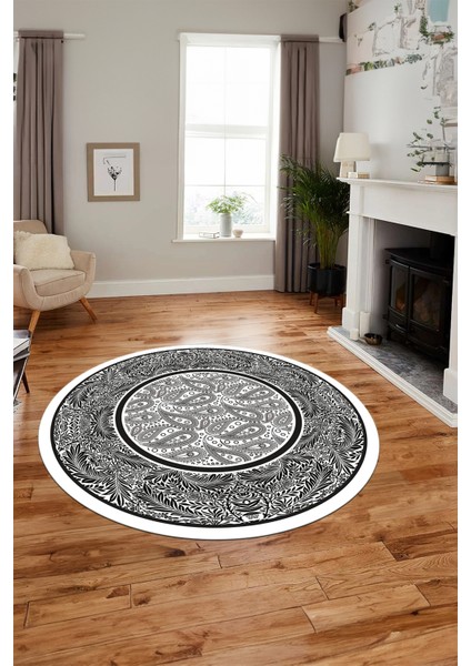 Çiçekli Şık Yıkanabilir Kaymaz Taban Çerçeveli Yuvarlak Mutfak Salon Halısı, Y-Çerçeveli-37-Beyaz, fırsatları