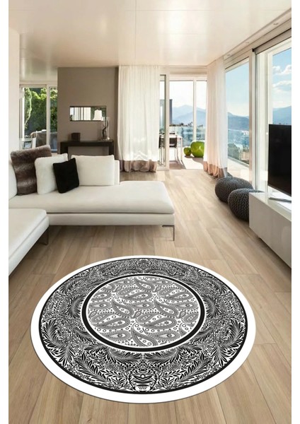 Çiçekli Şık Yıkanabilir Kaymaz Taban Çerçeveli Yuvarlak Mutfak Salon Halısı, Y-Çerçeveli-37-Beyaz, indirimleri