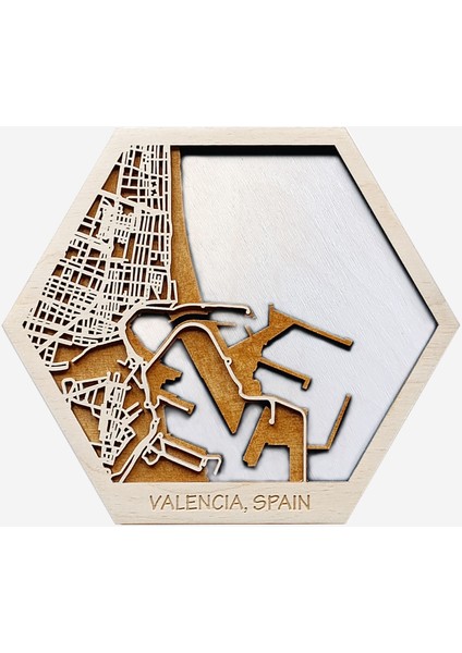 Istediğiniz Yerin Altıgen Ahşap Şehir Haritası, Magnet / Duvar Süsü Kombin (Beyaz)