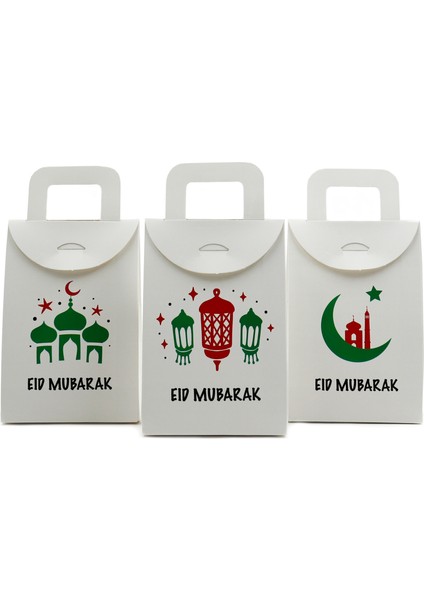 10 x 15 cm Beyaz 3 Adet Eid Mubarak Baskılı Boş Mendil, Şeker, Harçlık, Hediye Kutusu,