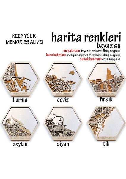 Istediğiniz Yerin Altıgen Ahşap Şehir Haritası, Magnet / Duvar Süsü Kombin (Beyaz)