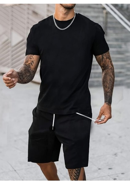 Büyük Beden Baskısız Düz Renk Ultra Rahat 2 Iplik Pamuk Tam Yazlık Erkek T-Shırt Şort Takımı