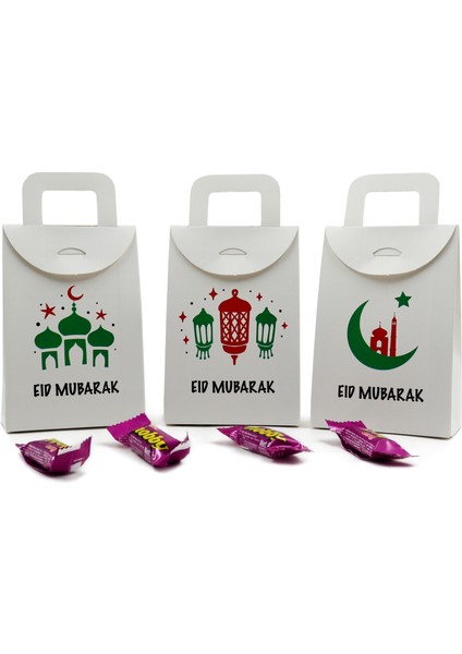 10 x 15 cm Beyaz 3 Adet Eid Mubarak Baskılı Boş Mendil, Şeker, Harçlık, Hediye Kutusu,