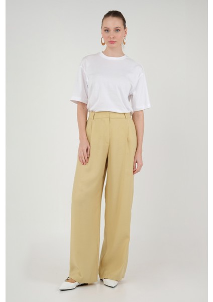 Geniş Paça Pileli Pantolon Pastel Sarı