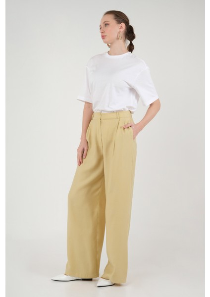 Geniş Paça Pileli Pantolon Pastel Sarı