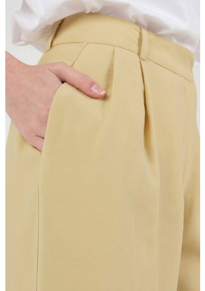 Geniş Paça Pileli Pantolon Pastel Sarı
