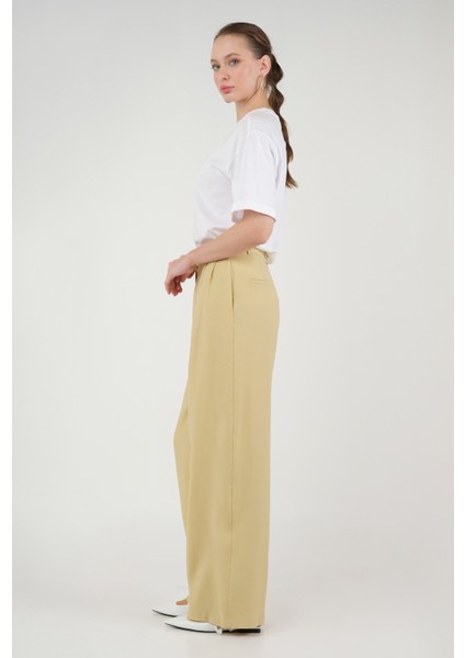 Geniş Paça Pileli Pantolon Pastel Sarı