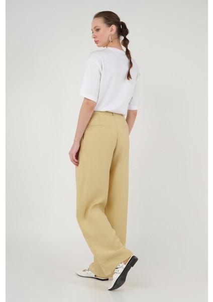 Geniş Paça Pileli Pantolon Pastel Sarı