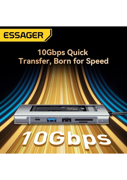 8'in 1'i Ssd M.2 NVME/SATA Fonksiyonlu Hub Çoklayıcı Çevirici 4K 30Hz /Pd100W/ Type-C 10Gpbs/Usb 3.2 Gen 5Gpbs/Usb 2.0 480Mbps/Sd/TF Kart Çoğaltıcı