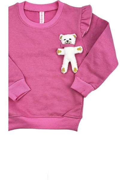 Ayıcıklı Fırfır Kollu Kız Bebek Sweat Pembe