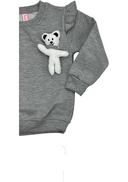 Ayıcıklı Fırfır Kollu Kız Bebek Sweat Gri