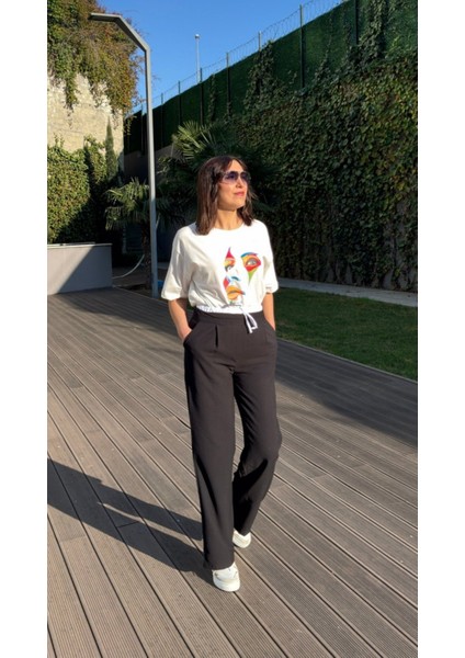 Siyah Poplin Detaylı Bağlamalı Palazzo Kadın Pantolon