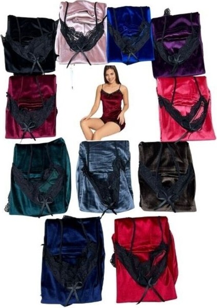 Mor Kadife Şortlu Pijama Takımı