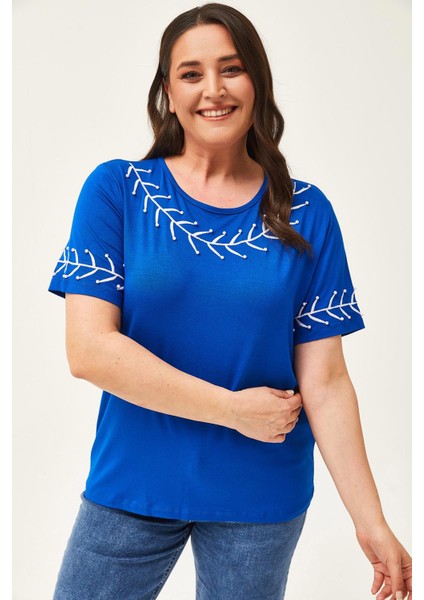 Kadın Büyük Beden Dal Nakış Detay Mavi Bluz