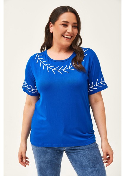 Kadın Büyük Beden Dal Nakış Detay Mavi Bluz fiyatları