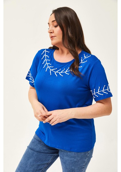 Kadın Büyük Beden Dal Nakış Detay Mavi Bluz modelleri