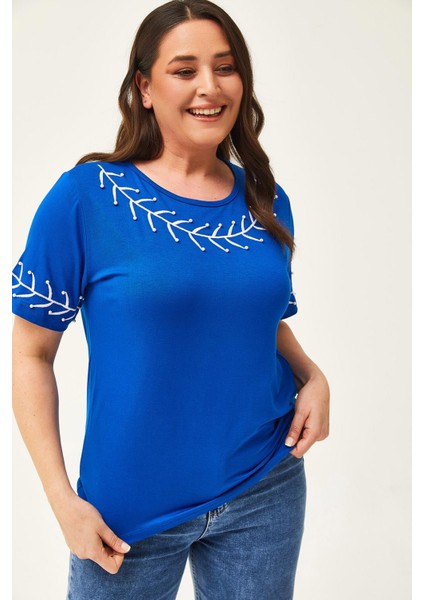 Kadın Büyük Beden Dal Nakış Detay Mavi Bluz fırsatları