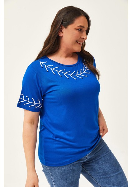 Kadın Büyük Beden Dal Nakış Detay Mavi Bluz indirimleri
