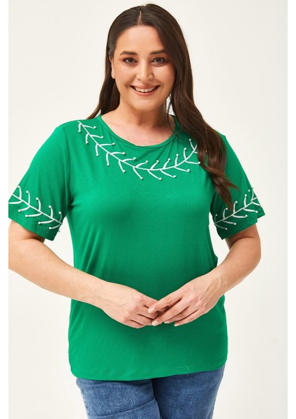 Kadın Büyük Beden Dal Nakış Detay Yeşil Bluz