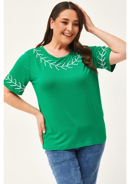 Kadın Büyük Beden Dal Nakış Detay Yeşil Bluz fiyatları