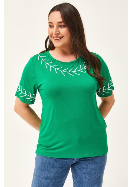 Kadın Büyük Beden Dal Nakış Detay Yeşil Bluz modelleri