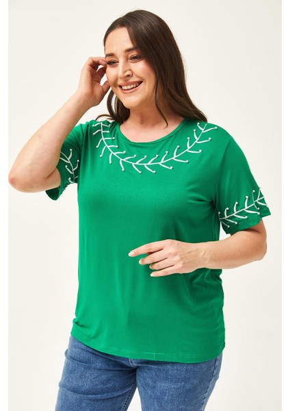 Kadın Büyük Beden Dal Nakış Detay Yeşil Bluz indirimleri