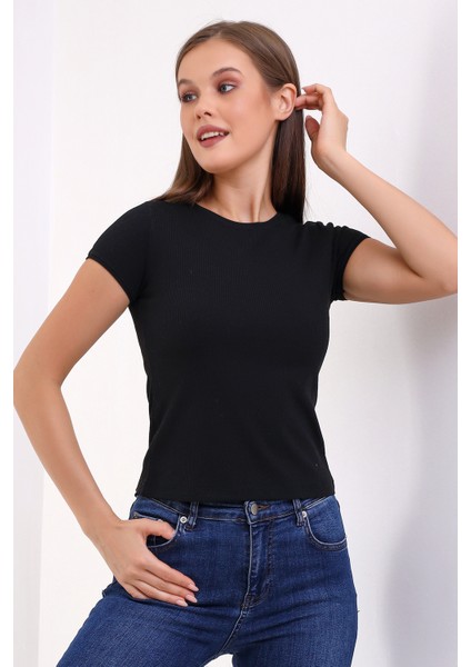 Lunsar Kadın Siyah Soft Touch Slim Fit Sıfır Yaka Kısa Kol Top Esnek Basic Örme Bluz & Body