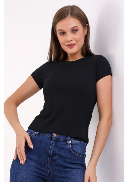 Lunsar Kadın Siyah Soft Touch Slim Fit Sıfır Yaka Kısa Kol Top Esnek Basic Örme Bluz & Body modelleri