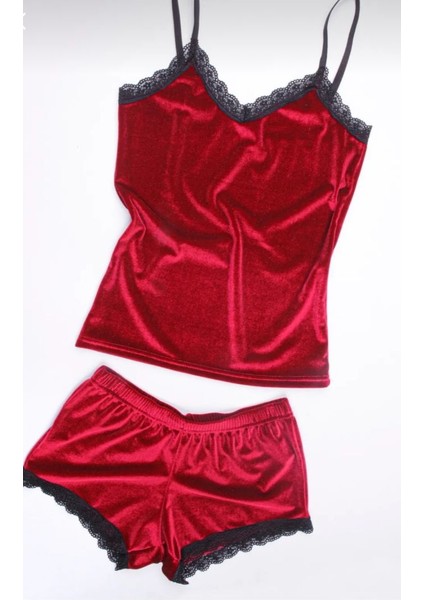 Kırmızı Kadife Şortlu Pijama Takımı