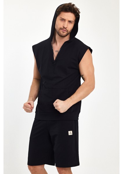 Kapşonlu Sıfır Kol Polar 2 Iplik Kanguru Cepli