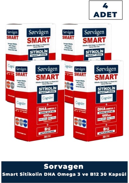 Smart 30 Kapsül ( Sitikolin Dha Omega 3 ve B12 Içeren Takviye Edici Gıda ) x 4 Adet