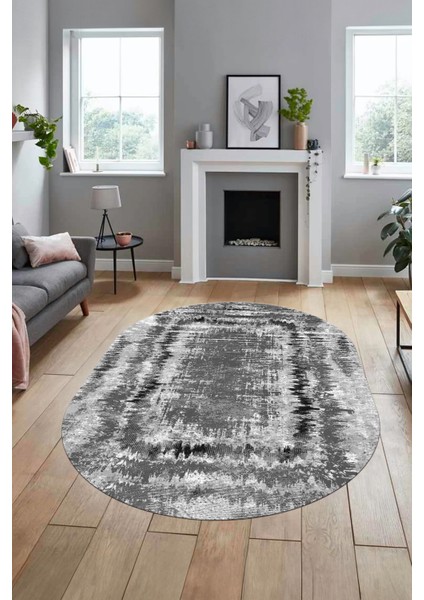Modern Sade Desenli Dijital Kaymaz Yıkanabilir Oval Yolluk Salon Halısı O-Modern-37-Gri