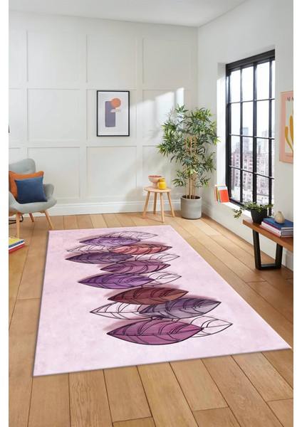 Dijital Kaymaz Taban Yıkanabilir Yaprak Desenli Yolluk Mutfak Salon Halısı Modern-08-Mor