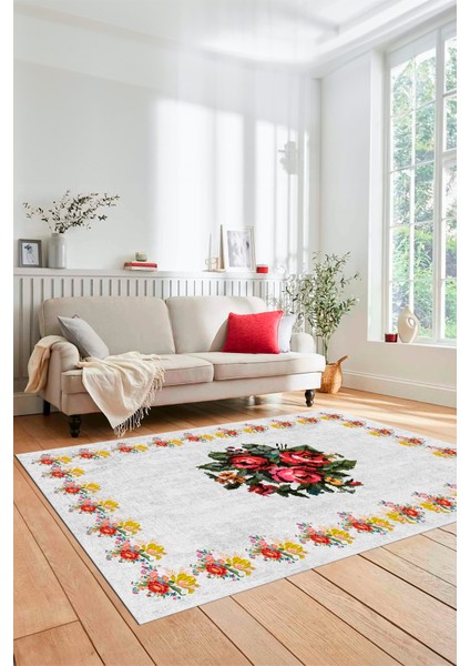 Modern Çiçek Desenli Dijital Kaymaz Yıkanabilir Yolluk Mutfak Salon Halısı Modern-20-Beyaz modelleri