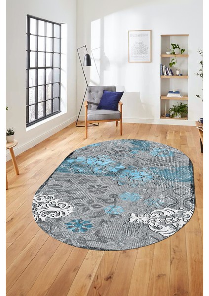 Çiçekli Modern Dijital Kaymaz Yıkanabilir Oval Yolluk Mutfak Salon Halısı O-Modern-15-Mavi