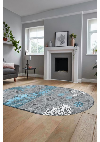 Çiçekli Modern Dijital Kaymaz Yıkanabilir Oval Yolluk Mutfak Salon Halısı O-Modern-15-Mavi