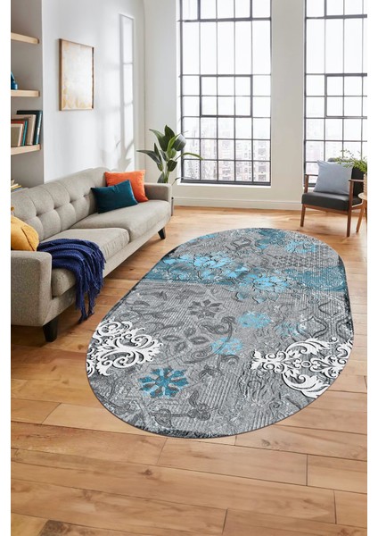 Çiçekli Modern Dijital Kaymaz Yıkanabilir Oval Yolluk Mutfak Salon Halısı O-Modern-15-Mavi