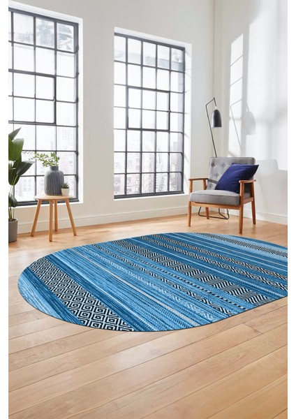 Modern Kilim Dijital Kaymaz Yıkanabilir Oval Yolluk Mutfak Salon Halısı O-Modern-17-Mavi