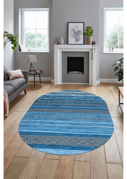 Modern Kilim Dijital Kaymaz Yıkanabilir Oval Yolluk Mutfak Salon Halısı O-Modern-17-Mavi fiyatları