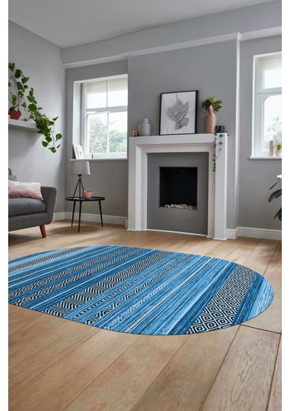 Modern Kilim Dijital Kaymaz Yıkanabilir Oval Yolluk Mutfak Salon Halısı O-Modern-17-Mavi modelleri