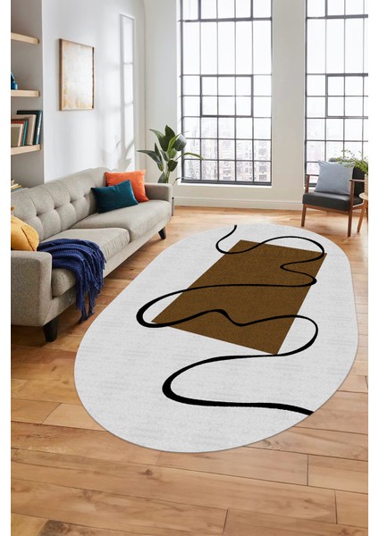Baskılı Kaymaz Yıkanabilir Modern Oval Yolluk Mutfak Halısı Salon Halısı O-Modern-61-Kahve