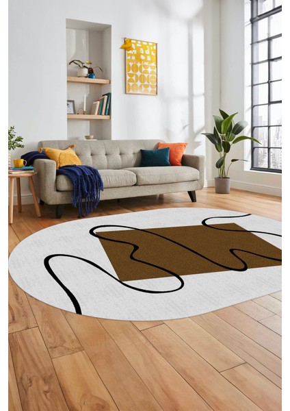 Baskılı Kaymaz Yıkanabilir Modern Oval Yolluk Mutfak Halısı Salon Halısı O-Modern-61-Kahve