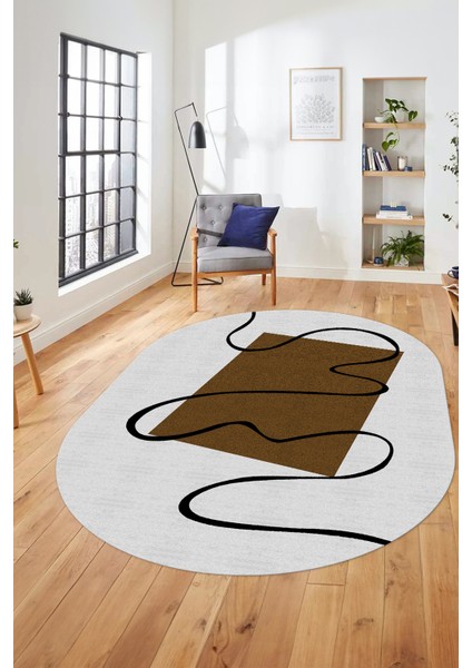 Baskılı Kaymaz Yıkanabilir Modern Oval Yolluk Mutfak Halısı Salon Halısı O-Modern-61-Kahve