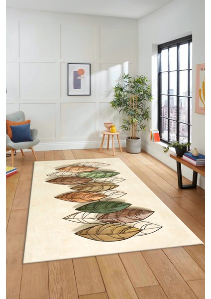Dijital Kaymaz Taban Yıkanabilir Yaprak Desenli Yolluk Mutfak Salon Halısı Modern-08-Krem
