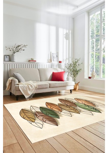 Dijital Kaymaz Taban Yıkanabilir Yaprak Desenli Yolluk Mutfak Salon Halısı Modern-08-Krem fırsatları
