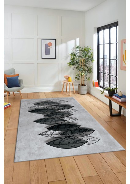 Dijital Kaymaz Taban Yıkanabilir Yaprak Desenli Yolluk Mutfak Salon Halısı Modern-08-Gri